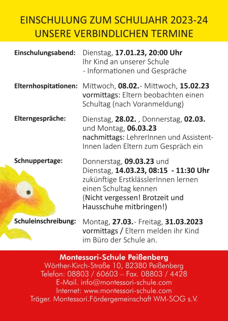 Einschulungstermine 2023 der Montessori Schule Peißenberg