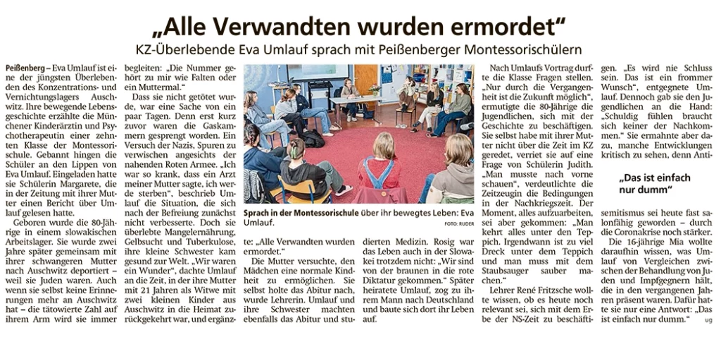 KZ-Überlebende Eva Umlauf spricht in der Montessori Schule Peißenberg - Presseartikel Weilheimer Tagblatt vom 10. Februar 2023