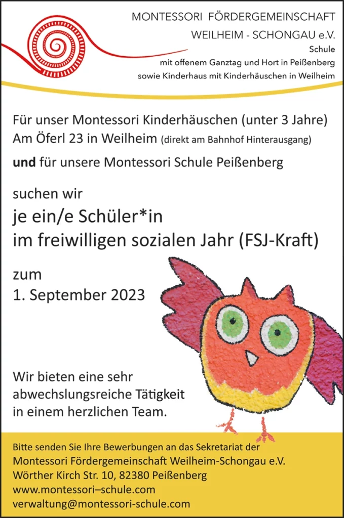 Stellenausschribung FSJ im Montessori Kinderhaus und Kinderhäuschen in Weilheim ab 01.09.2023